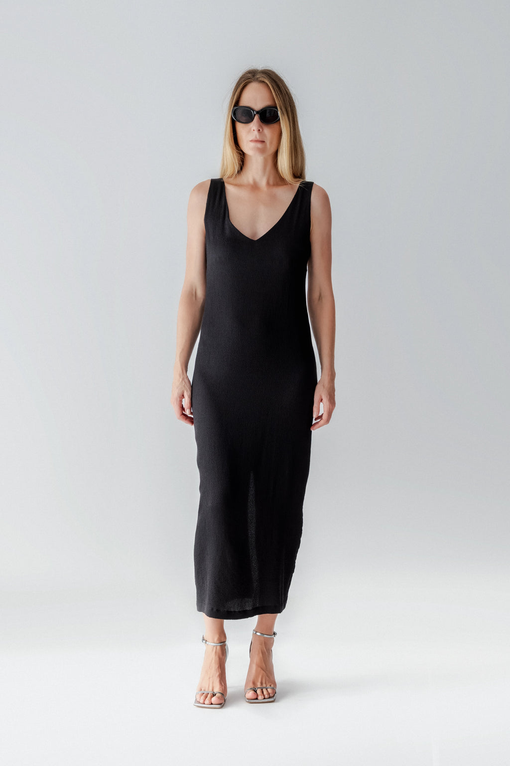Long V-Neck Dress with Open Back