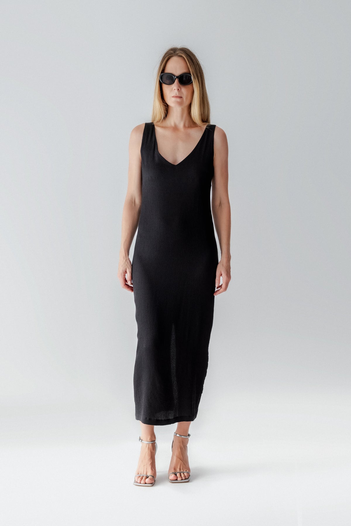 Long V-Neck Dress with Open Back