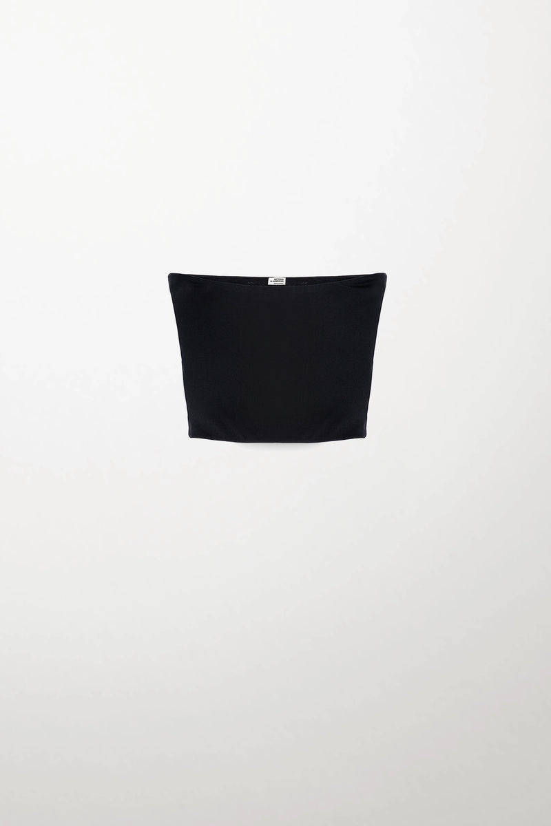 Navy strapless top in silk by VICTORIA SLAVINSKAIA, front view
